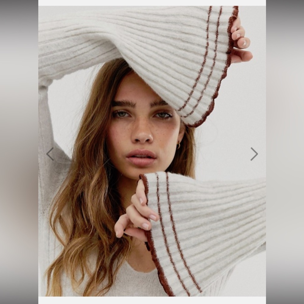 Free People Cream and Brown Ribbed Sweater Size Small Wool May Morning